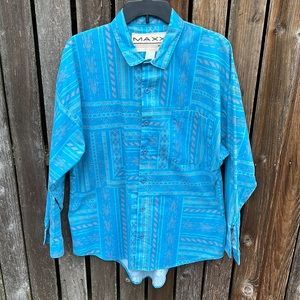 Maxx Fm Shirt Men's Medium Southwest USA Vintage 90s Cotton Teal Blue Gray